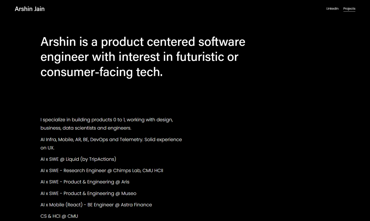 Screenshot of Arshin Jain, from the software engineer portfolios collection.