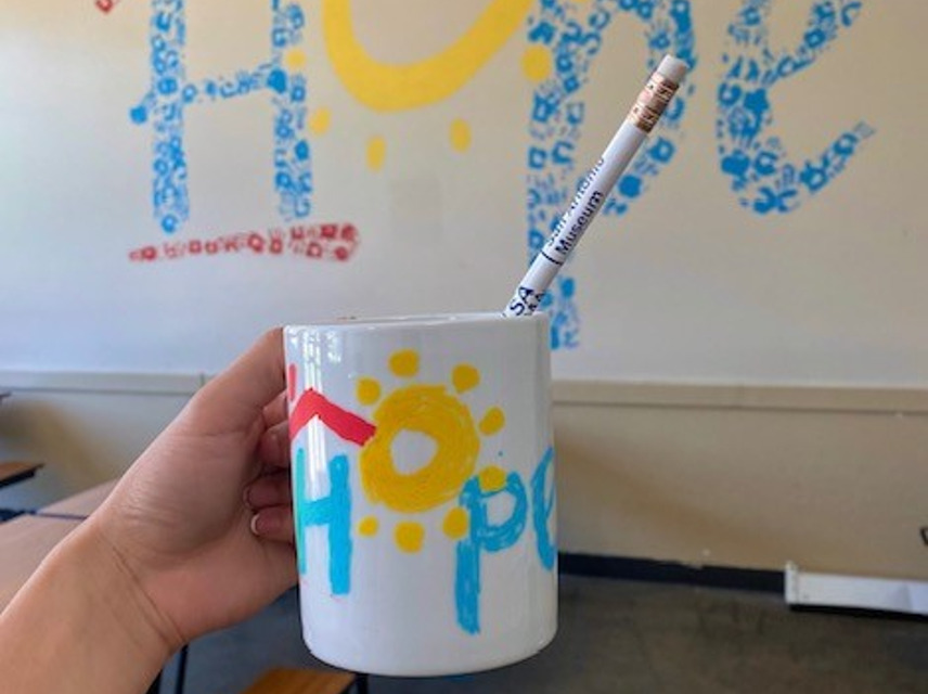 Haven for Hope mug with SAMA pencil inside