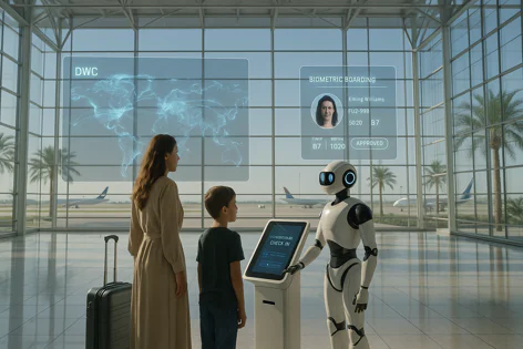 A mother and child use a white robot to check in at a self-service station in a futuristic airport with biometric boarding display.