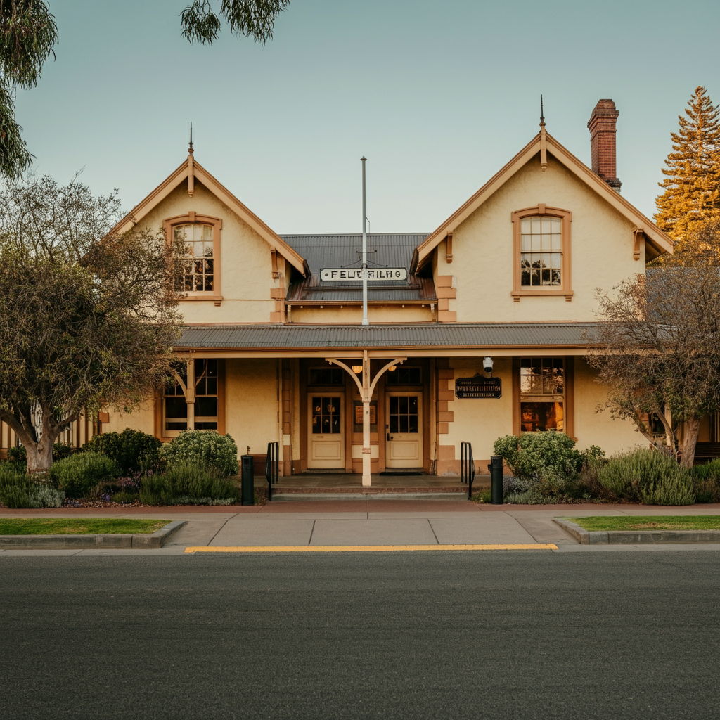 A photographic style image of The historic Felton depot at golden hour, featuring vintage architecture and period details, surrounded by native landscaping and heritage trees. high focus, sharp, lots of bright light, extra bright, highly detailed, high quality, dslr, film grain, fujifilm XT3, RAW photo, RAW candid cinema, color graded porta 400, depth of field, hyper realistic, natural-looking, expressive, textured skin, texture, 8k, photorealistic