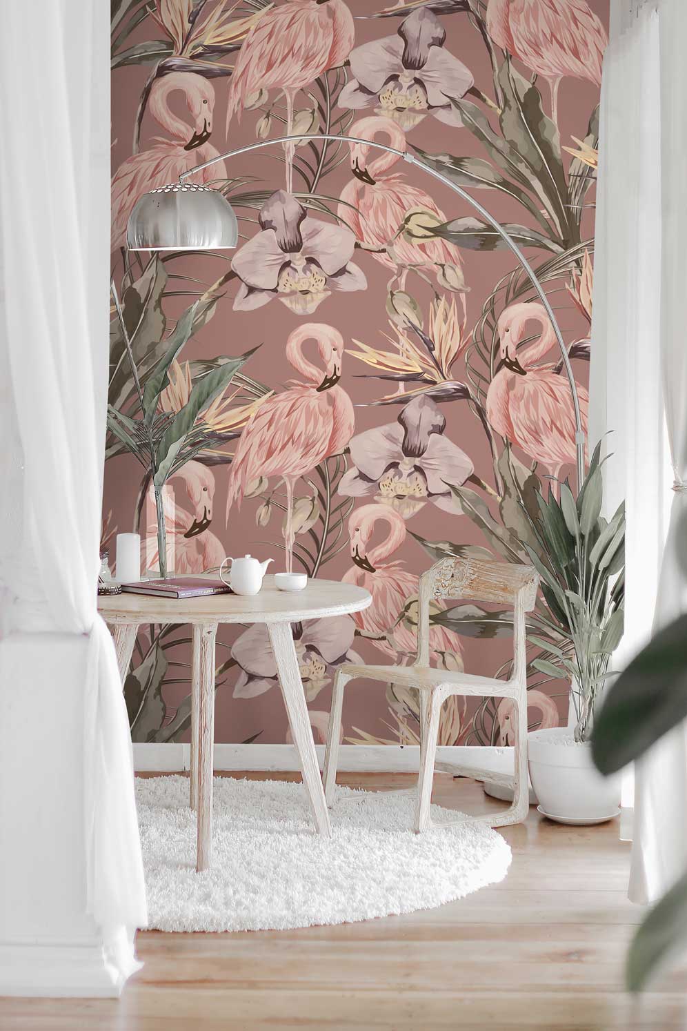 Feathr Purple Tropical Flamingo Wallpaper design image