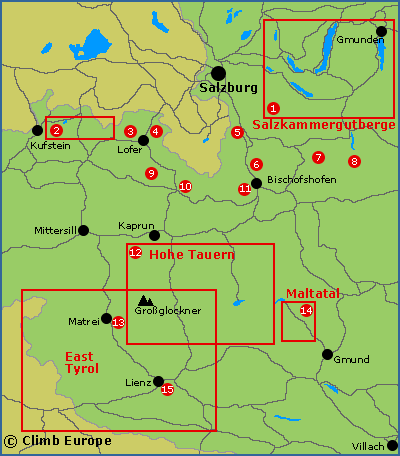 Map of the main rock climbing areas around Salzburg