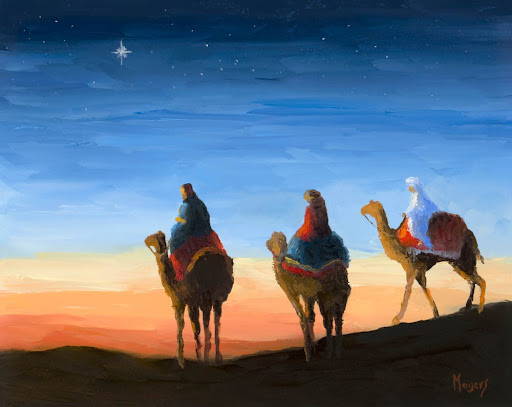 Painting of the three wisemen riding camels across the desert toward the star.