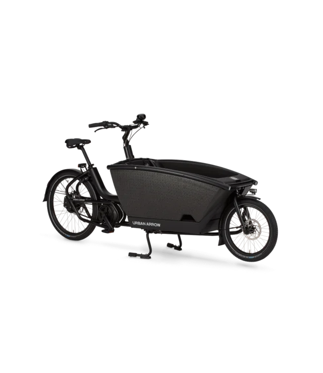 Urban Arrow Family elektrische bakfiets met zwarte bak, lage instap en middenmotor voor gezinsvervoer.