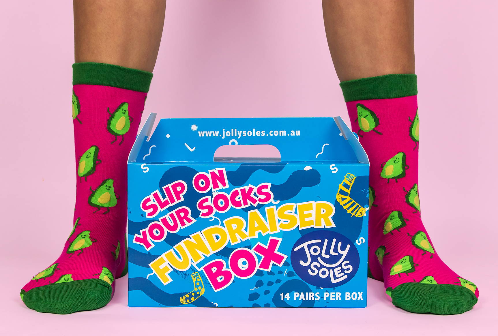 Jolly Soles Fundraiser Sock Box Blue Box and Pink Avocado Socks