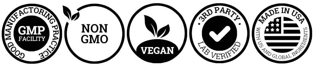 GMP, NON GMO, Vegan, Made in USA and third party lab tested badged