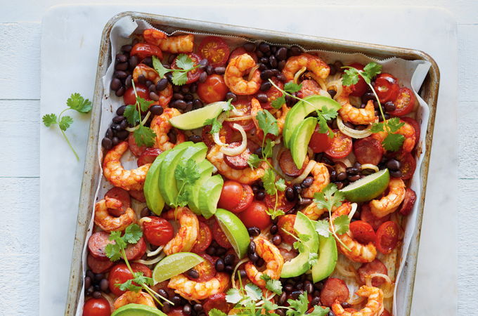 Plaque de crevettes, haricots noirs et chorizo