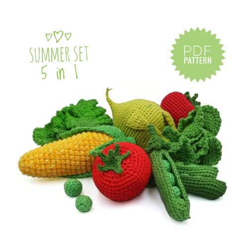 VEGETABLES crochet patterns PDF - kohlrabi cabbage, tomato, peas in a pod, corn on the cob, lettuce. Amigurumi Set Summer Crochet Vegetables