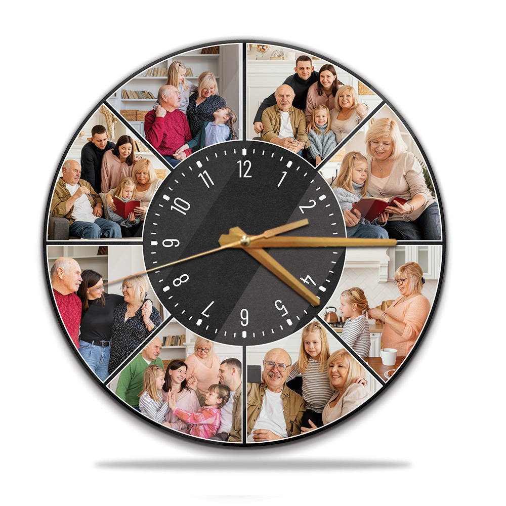 a circle wall clock print 8 photos on a black color background and white numbers is the most perfect gift for your aunt