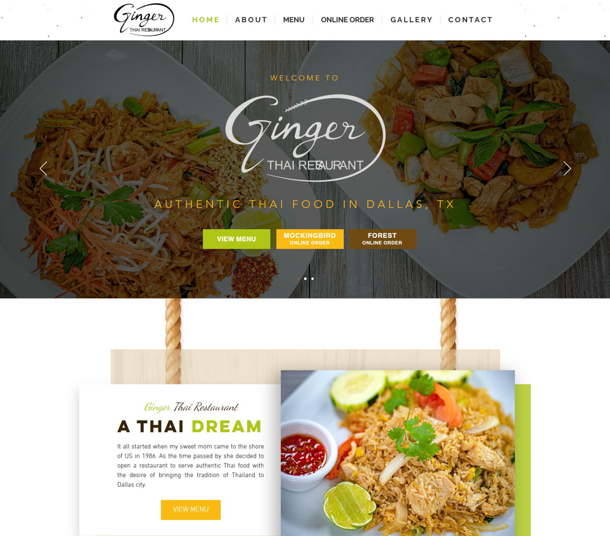 Screenshot of Ginger Thai Dallas, from the wix restaurant website examples collection.