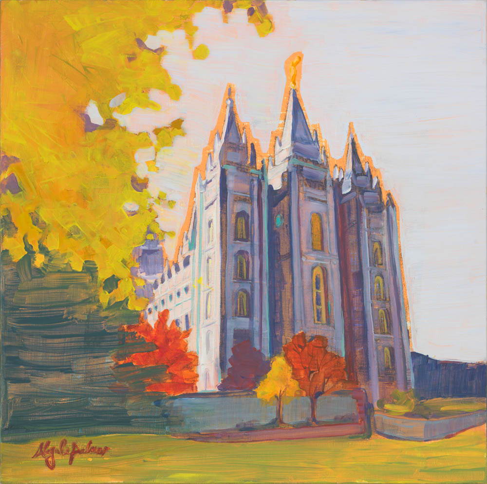 Painting of the Salt Lake Temple standing behind autumn trees.