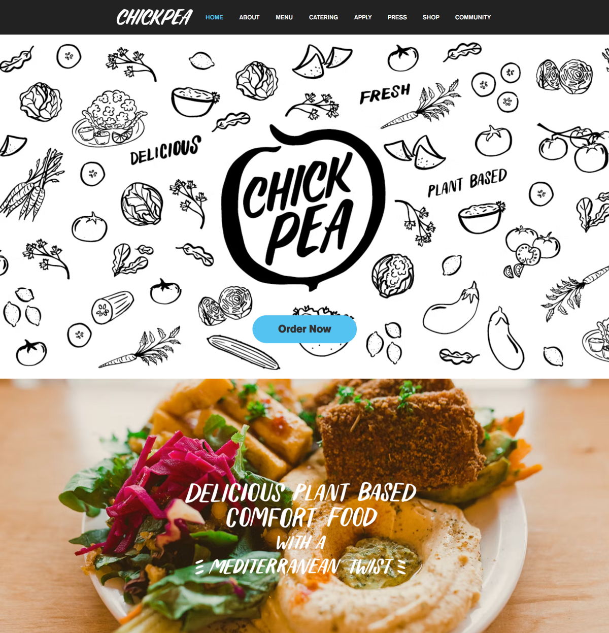 Screenshot of Chickpea, from the wix restaurant website examples collection.