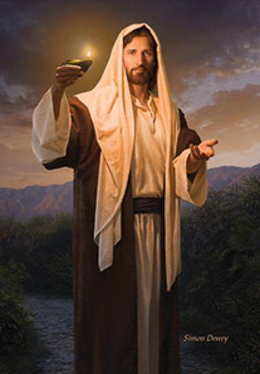Jesus standing on a path with his hand outstretched. In His other hand, He's holding a glowing lamp.