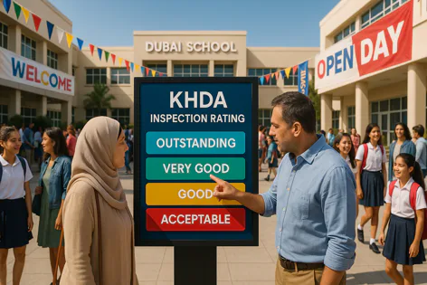 A man points to the "Good" rating on a KHDA inspection board in front of Dubai School with a woman and students present during an Open Day.