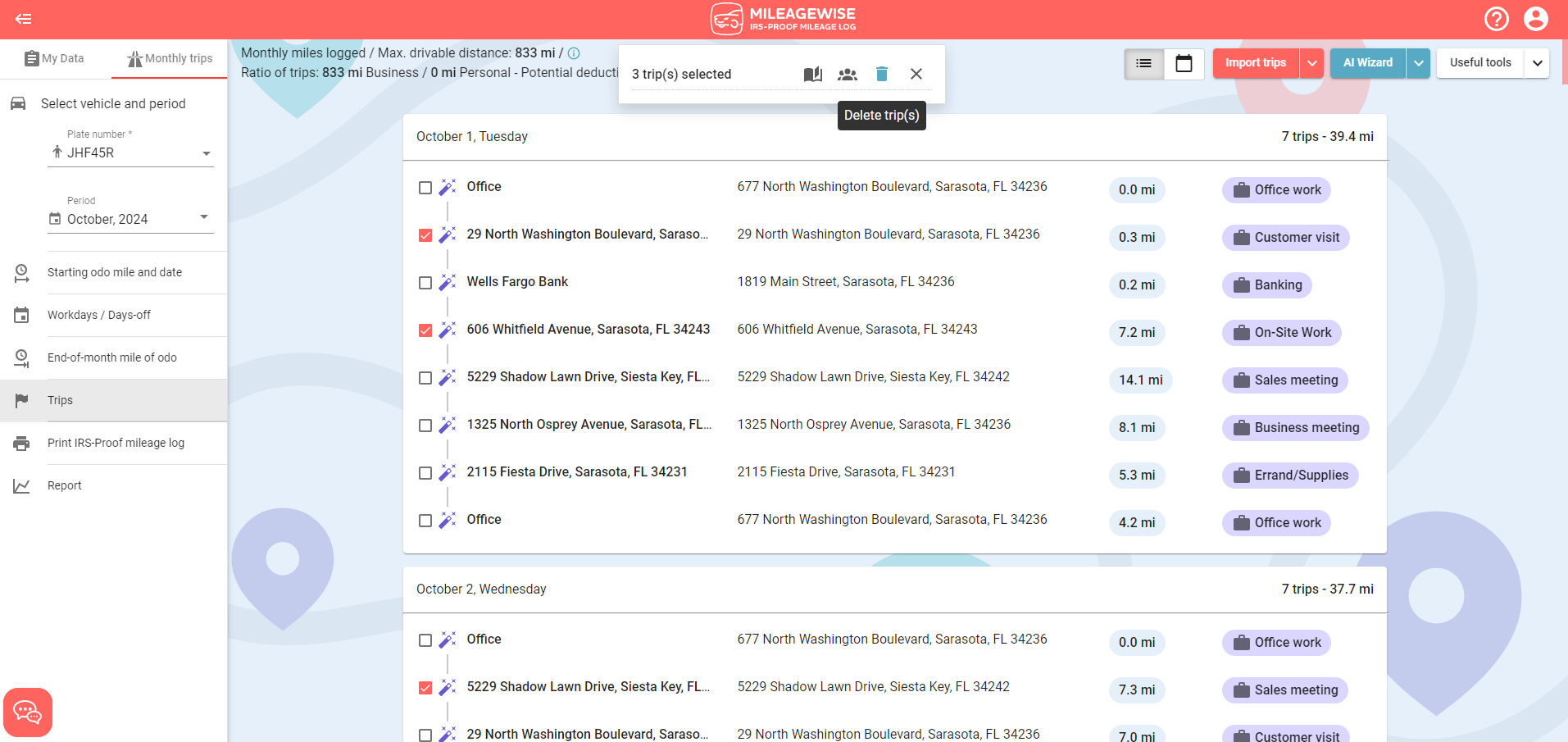 select trips to delete
