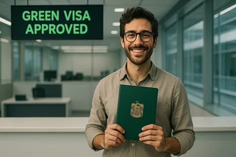 Smiling man holds a green document or passport in an office with a digital display showing "GREEN VISA APPROVED".