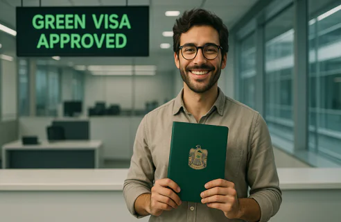 Smiling man holds a green document or passport in an office with a digital display showing "GREEN VISA APPROVED".
