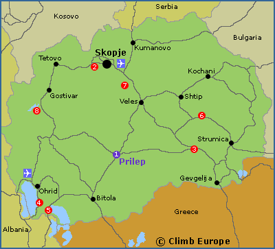 Map of the rock climbing and bouldering areas in Macedonia