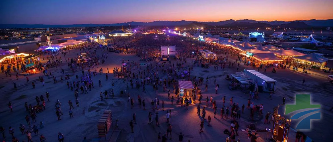 Aerial view of a festival showing wellness zones and healthcare booths
