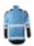 A light blue flame-resistant jacket with black accents and reflective stripes, featuring multiple pockets for industrial safety.