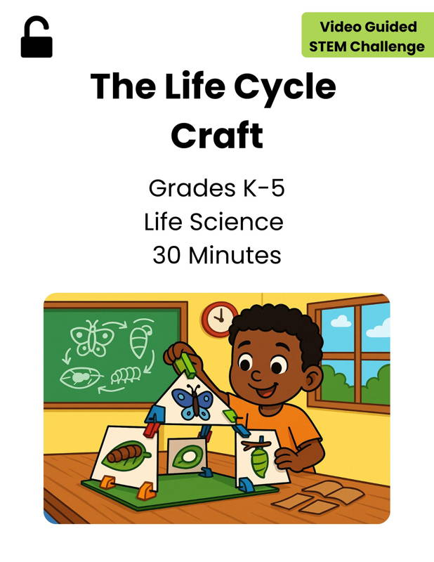 Image of a student building a butterfly life cycle model using 3DuxDesign cardboard pieces, illustrating a hands-on life science activity for grades K–5. Ideal for classrooms seeking project-based STEM learning that reinforces biological concepts, creativity, and early engineering skills.