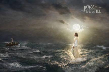 Poster of Jesus walking on across a stormy sea. Text reads: "Peace be still".