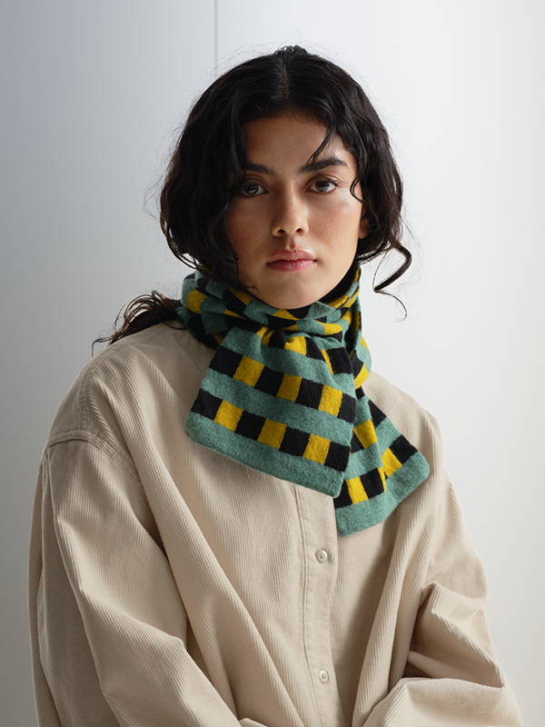 model wears Small Check & Stripe Scarf