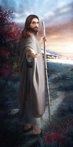 Jesus standing on a path with a shepherd's staff. He is beckoning for the viewer to follow.