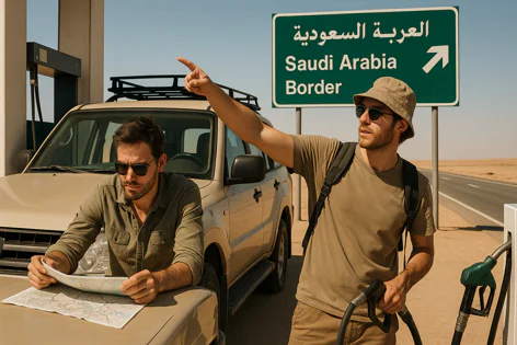 Two men in the desert next to an SUV at a gas station, one looks at a map while the other points towards a Saudi Arabia Border sign.