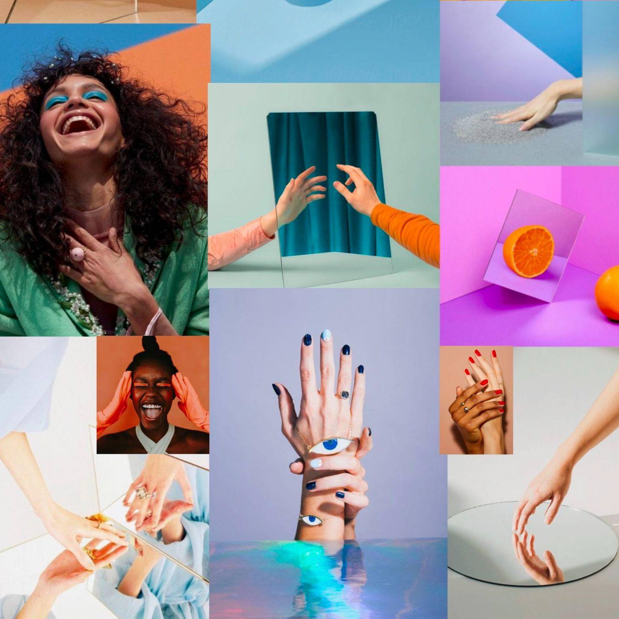 A collage of images featuring purple, blue and orange colours of various hands in pose. 