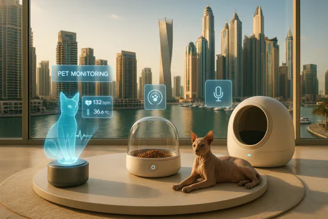 A hairless cat sits near futuristic pet devices including a health monitor hologram, smart feeder, and bed, overlooking a city skyline.
