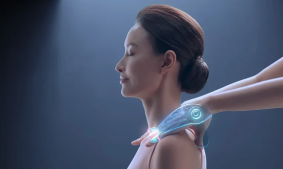 Close-up side profile of a woman receiving a targeted neck and shoulder massage with a digital graphic overlay showing massage technology nodes.