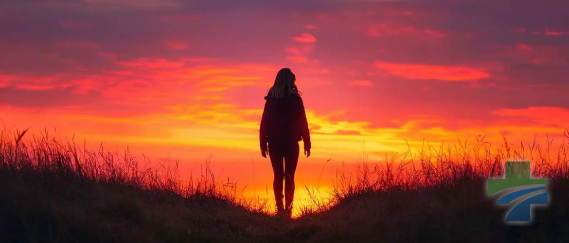 Nurse silhouetted against a sunset, reflecting on an accomplished journey.