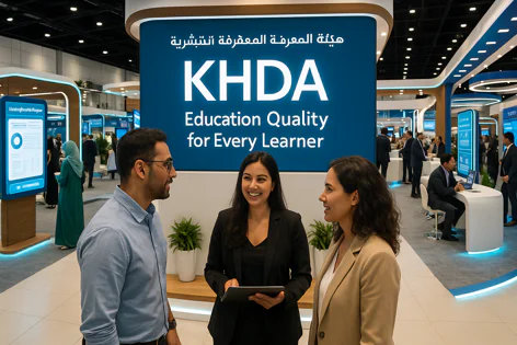 Three people smiling and talking at a KHDA exhibition booth under a sign saying "Education Quality for Every Learner". Other attendees are in the background.