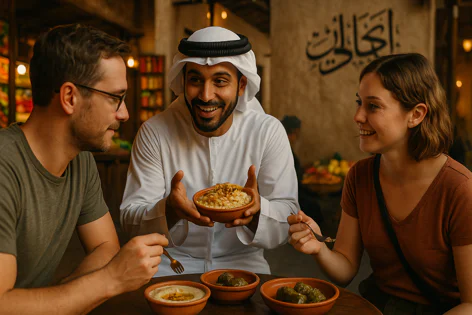 Three friends, including a man in traditional Arab clothing, smiling while sharing Middle Eastern food dishes at a table in a market or restaurant.