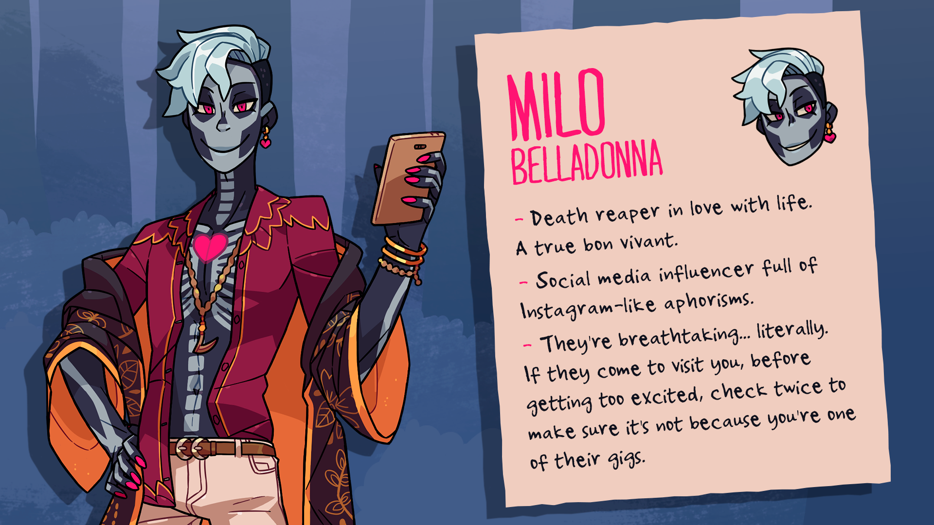Milos character bio displayed in a small bio next to him. He is smiling and holding his phone.