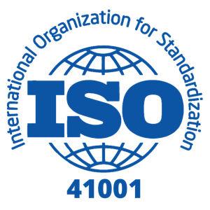 The ISO 41001 logo, featuring the text International Organization for Standardization around a globe outline, with large blue ISO letters and 41001 written below.