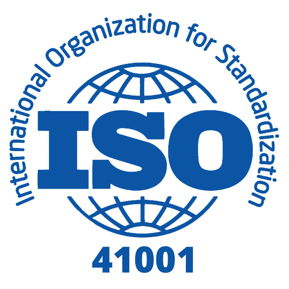 The ISO 41001 logo, featuring the text International Organization for Standardization around a globe outline, with large blue ISO letters and 41001 written below.