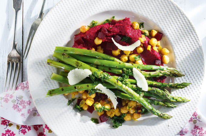 Grilled Asparagus with Beet Hummus and Curried Chickpeas