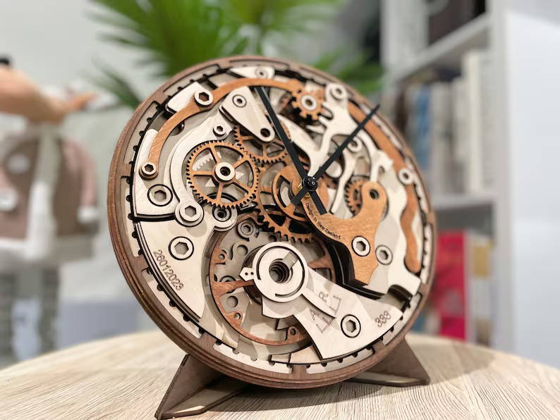 Laser Engraved Wooden Mechanical Clocks 04