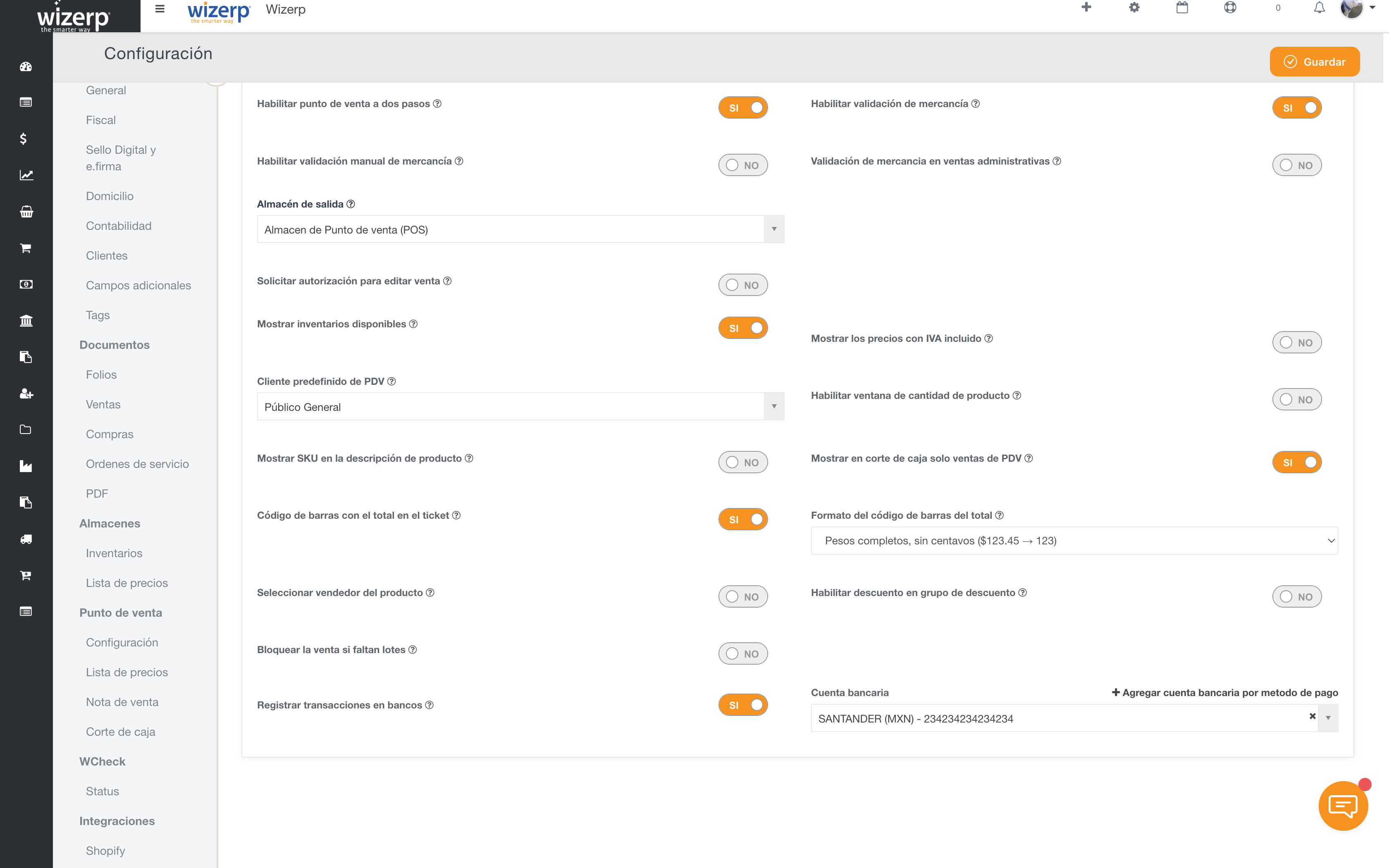 Configuraci&oacute;n, secci&oacute;n Punto de Venta: el interruptor C&oacute;digo de barras con el total en el ticket, encendido, junto al selector de Formato del c&oacute;digo de barras del total