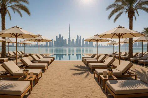 Luxury beach resort in Dubai with rows of lounge chairs, umbrellas, a pool, and the iconic city skyline with the Burj Khalifa in the background.