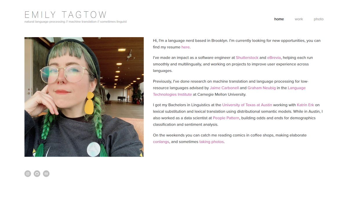 Screenshot of Emily Tagtow, from the software engineer portfolios collection.