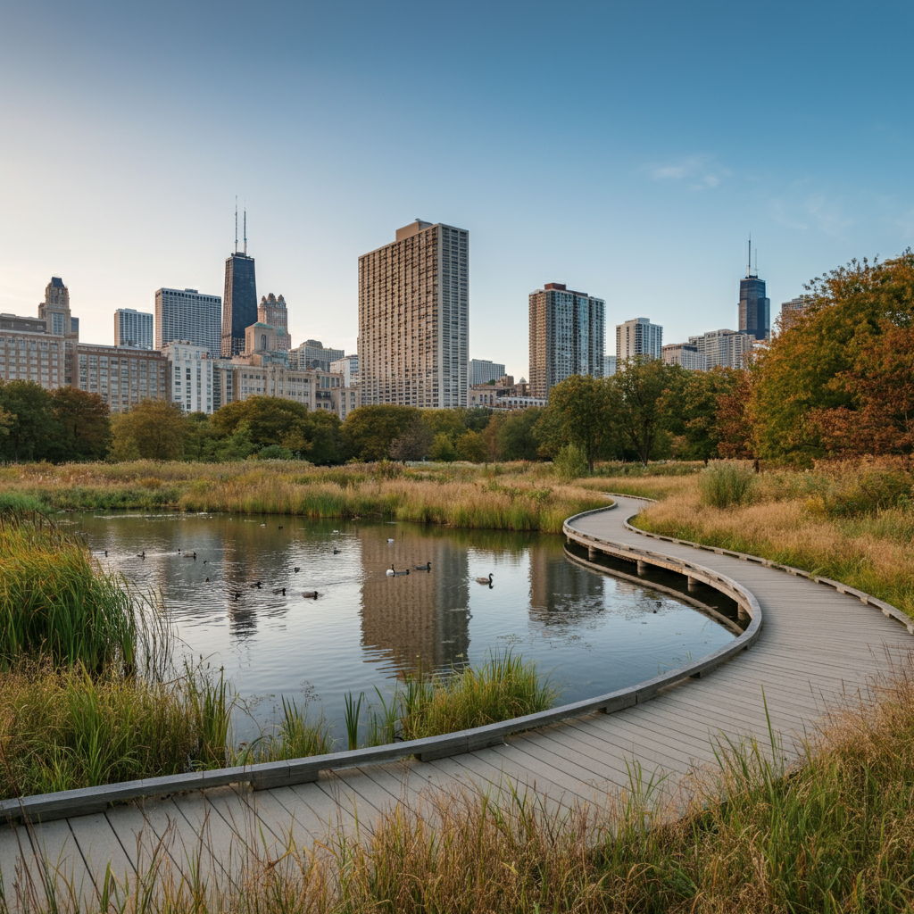A serene morning scene at the Lincoln Park Zoo's Nature Boardwalk, with the Chicago skyline rising dramatically in the background. The curved wooden pathway winds through native prairie plantings and around the pond where waterfowl glide across the surface, showcasing the neighborhood's perfect blend of natural spaces within an urban setting.