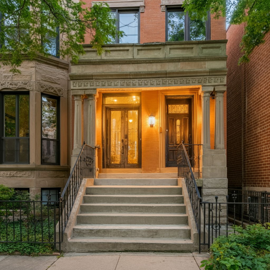Before: Lincoln Park brownstone exterior with weathered facade, outdated landscaping, and basic lighting that fails to highlight architectural details. The property appears well-maintained but lacks the sophisticated presentation necessary to command premium pricing in the luxury market.