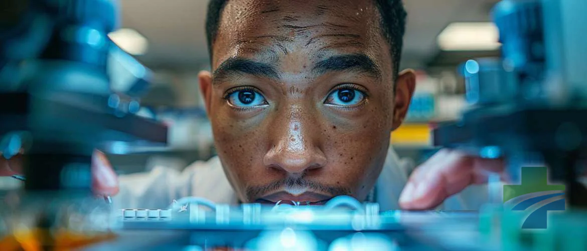 Focused researcher at Olive View symbolizes the forefront of medical innovation.