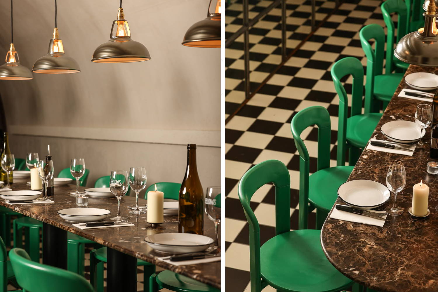 Two Images. The left image shows coolicon pendant lampshades hanging over a set table with green chairs. The other looks down onto the corner of a table with green chairs and a black and white checker floor inside a restaurant.