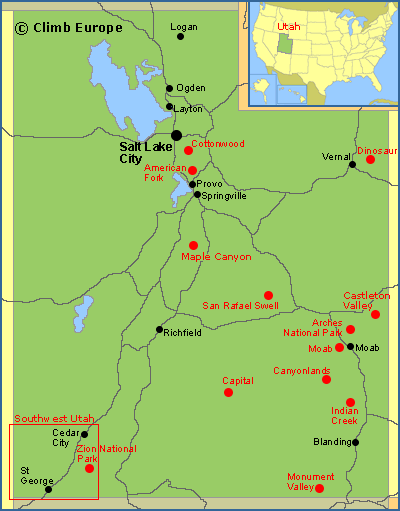 Map of the best rock climbing areas in Utah, United States