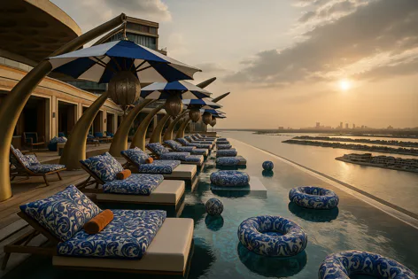 Luxurious infinity pool deck at sunset with comfortable lounge chairs featuring patterned cushions and umbrellas, offering a stunning view of the coastal cityscape.