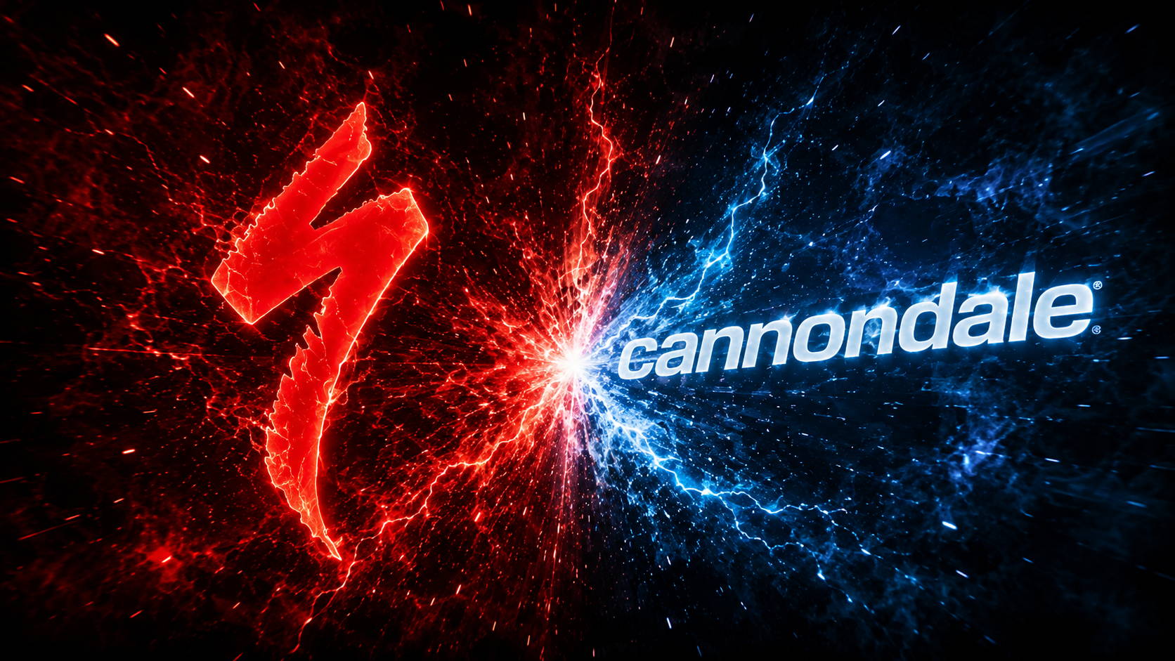 Logo van Specialized en woordmerk van Cannondale staan tegenover elkaar in een explosief rood-blauw energieduel, met vonken, rook en een felle botsing in het midden.